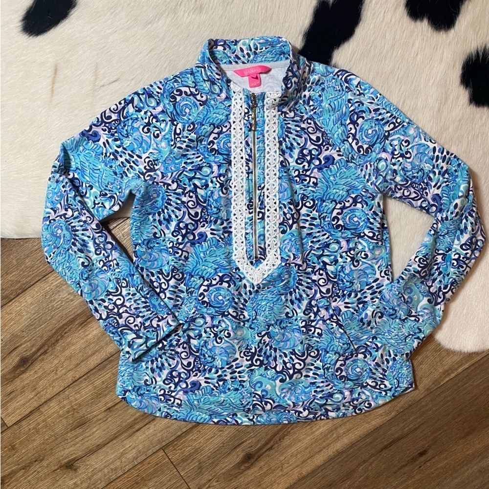 Lilly Pulitzer Janie Popover quarter zip in the "Light Aqua Spritz" pattern